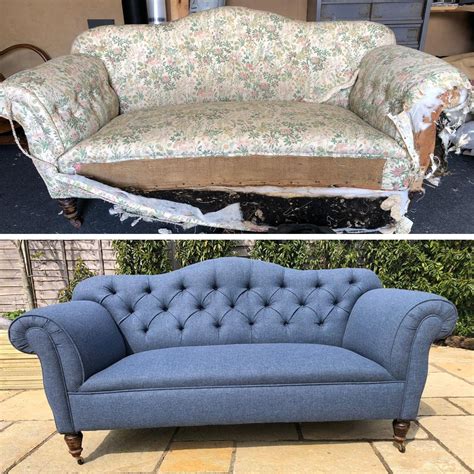 Before And After Of An Old Edwardian Buttoned Settee Completely