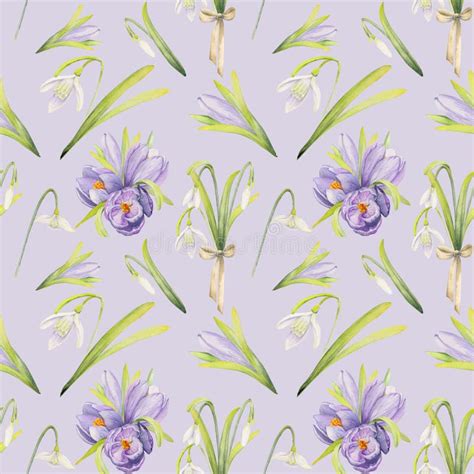 Watercolor Hand Drawn Seamless Pattern With Spring Flowers Crocus