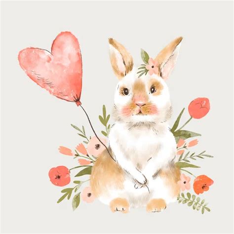 Cute Bunny Illustration With Heart Floral Spring Bunnies Greeting Card