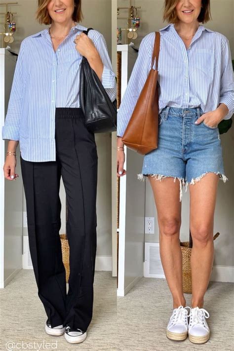 How To Style A Button Down Shirt For Women Blue Striped Shirt Outfit Shirt Outfit Women