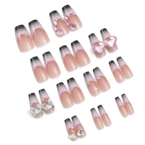 Press On Nails Nude Shade Black French Tips Diamond Accents Rainboo Beauty