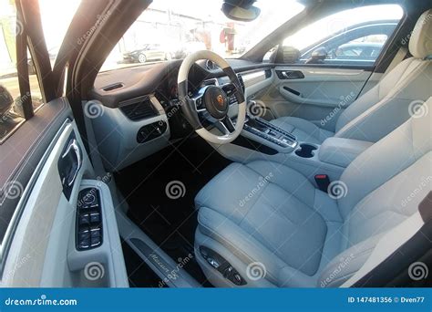 Moscow, Russia - May 09, 2019: White Leather Interior of an Premium SUV ...