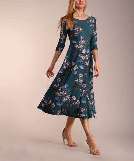 Lbisse Dark Teal Floral Three Quarter Sleeve Midi Dress Women Plus