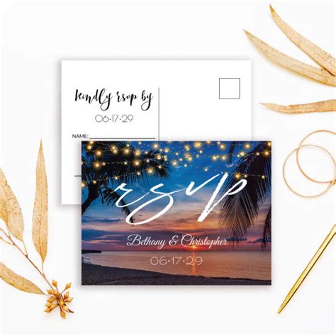 Tropical Sunset String Lights Beach Wedding RSVP Invitation Postcard