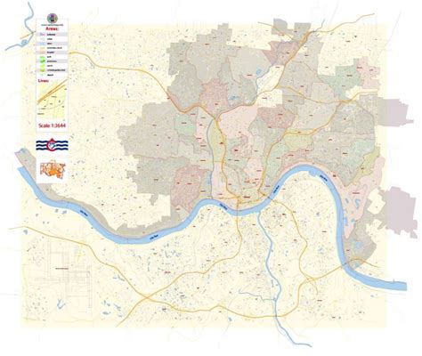 Cincinnati PDF Map Vector Ohio US Extra Detailed City Plan Scale 1 3664