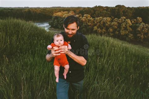 Father Walking With Infant Baby Outdoor Stock Photo Image Of