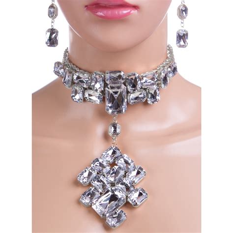 Rhinestone Choker Drop Necklace Set Sln Fashion Necklaces Mezon