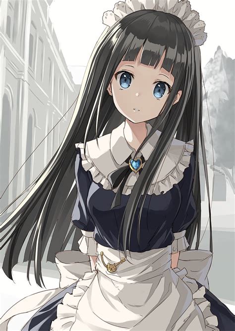 Anime Anime Girls Long Hair Black Hair Blue Eyes Maid Maid Outfit