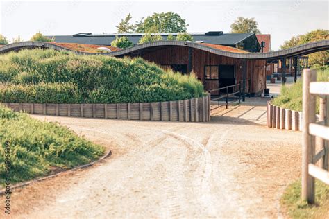 design stables in a horse education center - modern horse farm with wooden and steel structures ...