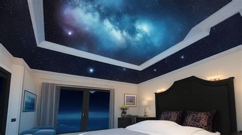 Premium AI Image | A bedroom with a ceiling that mimics the night sky