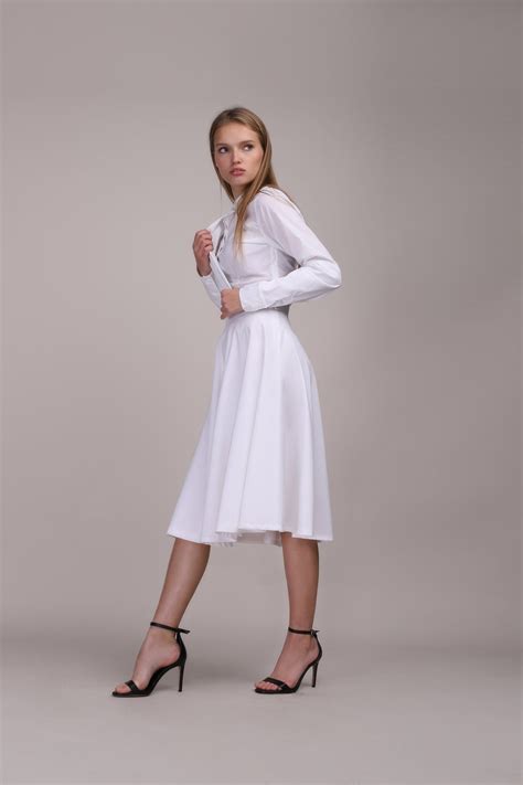 Elegant White Cotton Shirtwaist Midi Dress Etsy