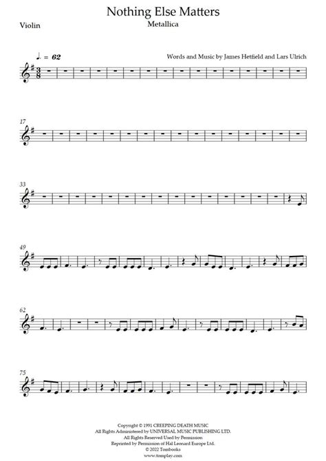 Nothing Else Matters Very Easy Level Metallica Violin Sheet Music