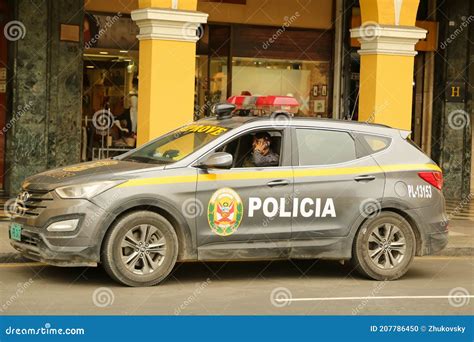 Police Car Provides Security Near Plaza De Armas In Lima Peru