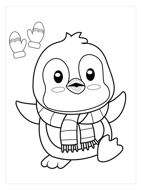 Pingüino Kawaii en Invierno para colorear imprimir e dibujar