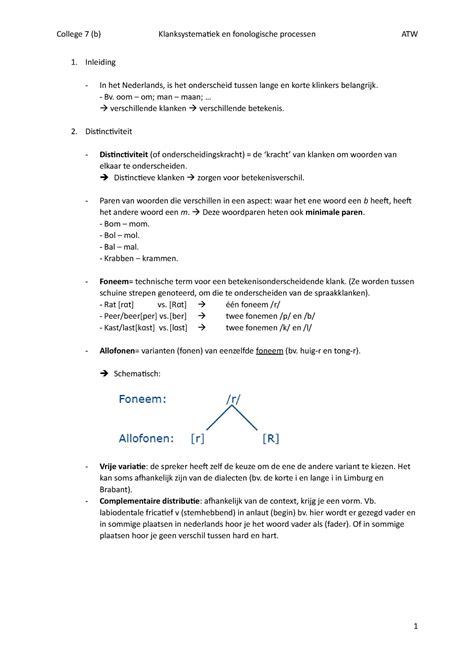 Samenvatting 7b Klanksystematiek En Fonologische Processen College 7