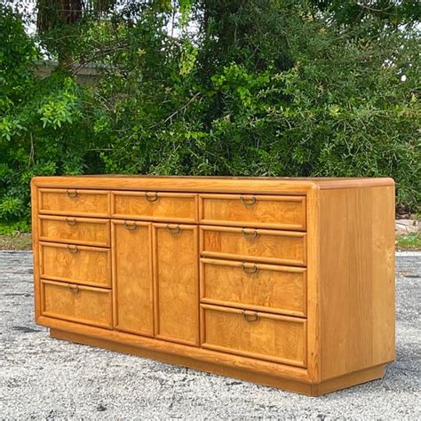 Late 20th Century Vintage Boho Broyhill Burl Wood Double Door Dresser