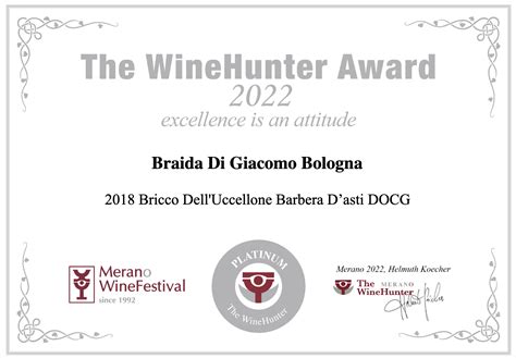 Platinum Seal From WineHunter Awards To Bricco Dell Uccellone 2018