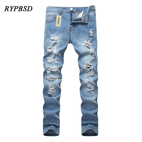 Light Blue Men Jeans Hip Hop Hole Ripped Jeans For Men Skinny