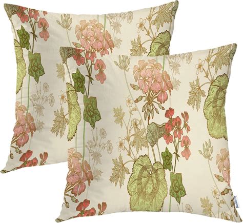 Batmerry Floral Throw Pillow Coversgreen Foliage Pink Geranium Flower Decorative