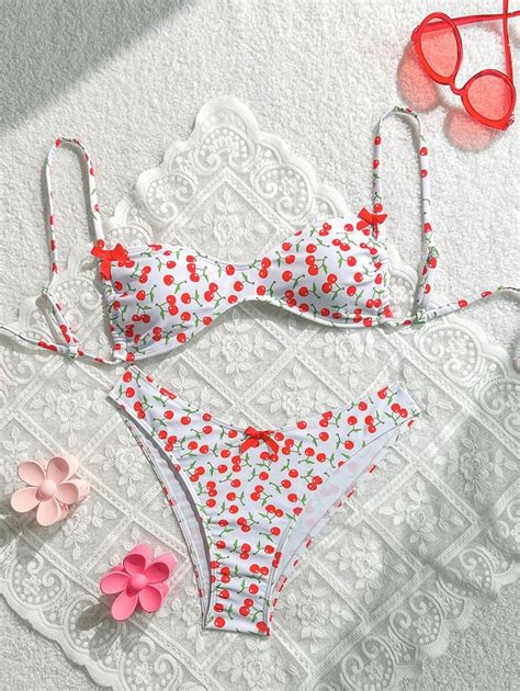 Swim Mod peças Conjunto de Maiô Bikini Feminino Estampa de Cereja Roupa de Praia Casual de