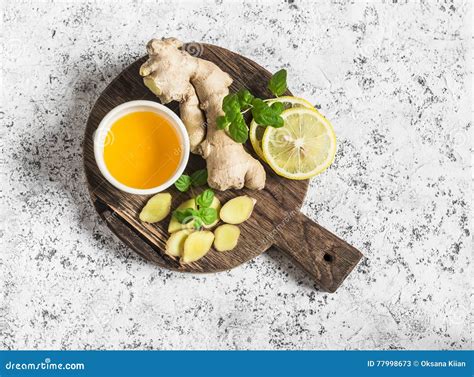 Ingredients For Cooking Detox Drink Ginger Lemon Honey Mint On A