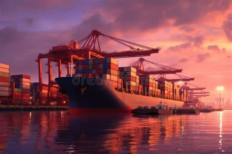 Container Ships Docked In A Port At Sunset Generative Ai Stock Image