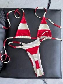 Swim Vcay Sexy Red White Striped Micro Top Thong Bottom Bikini Set Bathing Suit For Summer