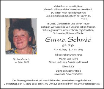 Traueranzeigen von Emma Schmid Schwarzwälder Bote Trauer