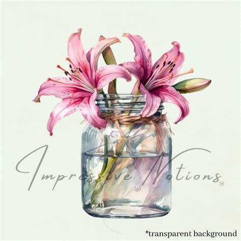 PNG Watercolor Pink Lilies Mason Jar Clipart, Transparent Digital