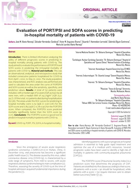 Pdf Evaluation Of Port Psi And Sofa Scores In Predicting In Hospital