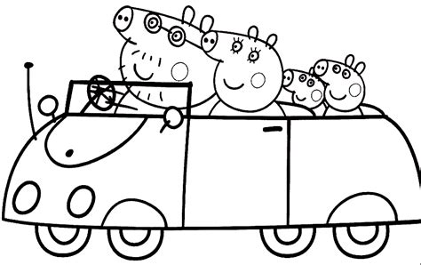 Peppa Pig and Family Driving a Car Coloring Page for Kids Printable