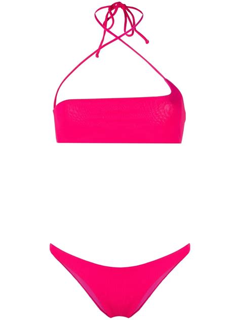 The Attico Ribbed Halterneck Bandeau Bikini Pink FARFETCH