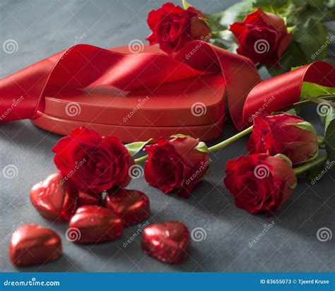 Heart Shaped Box With Red Hearts Roses And Ribbon Stock Image Image