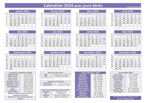 Calendrier 2024 avec jours fériés et dates utiles à imprimer