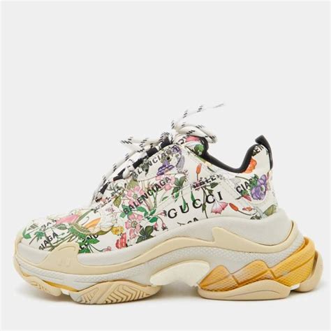 Gucci X Balenciaga Cream Floral Print Leather The Hacker Project Triple