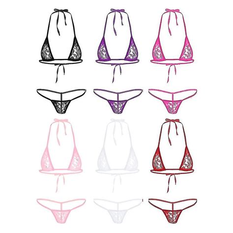 Women Lingerie Set Lace See Through Transparent Sheer Halterneck Mini Micro Bikini Bra Top With