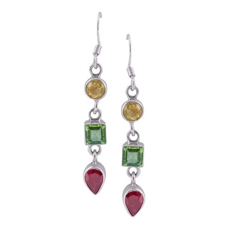 Multi Color Dangle Earrings In Sterling Silver Natural Colored