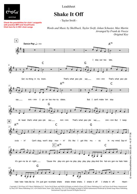 Shake It Off Arr Frank De Vreeze Sheet Music Taylor Swift Unison