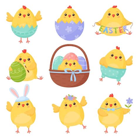 Lindo Conjunto De Personajes De Dibujos Animados De Pollito De Pascua