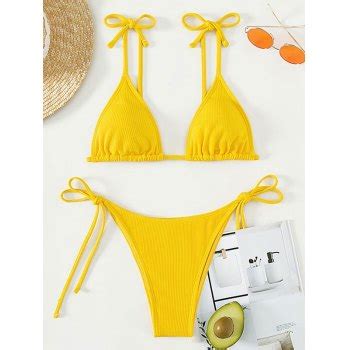 Emmiol Free Shipping Yellow Tie Strap Ribbed Bikini Set Yellow M In Bikini Sets Online