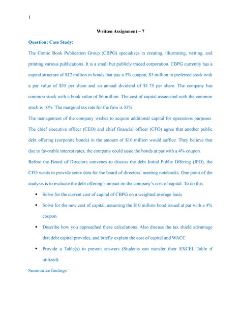 Written Assignment 7 Fm Written Assignment 7 Question Case Study