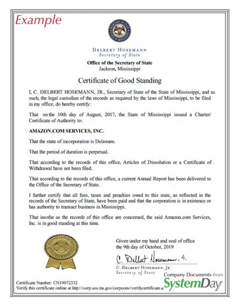 Mississippi Certificate Of Good Standing Certificate Of Existence