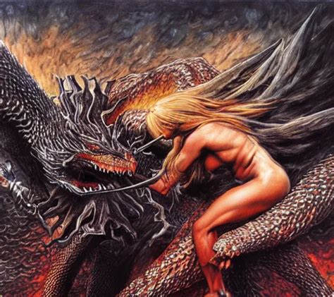 Intricate Painting Of Salma Hayek Fighting A Dragon By Stable