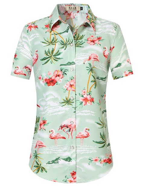 Sslr Hawaiian Shirt For Women Flamingo Short Sleeve Casual Button Down