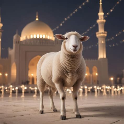 A Sheep Stands In Front Of A Mosque With Lights In The Background