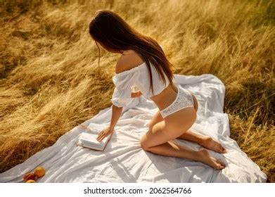 Woman Lingerie Reading Book Field Back Stock Photo 2062564766 Shutterstock