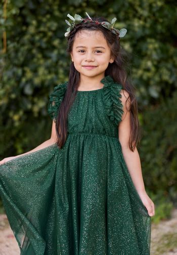 Robe de princesse en tulle vert sapin à paillettes dorées pour filles