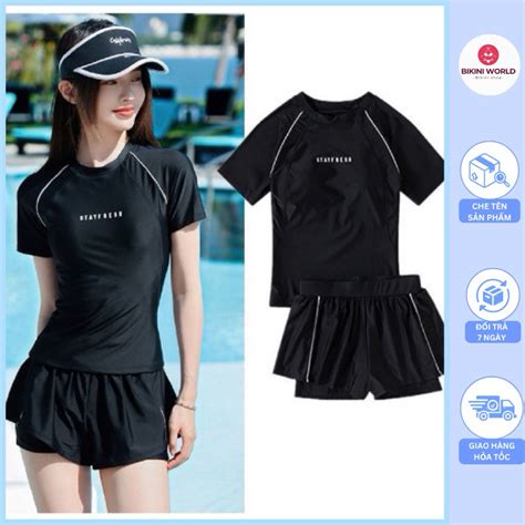 Bikini đồ bơi mảnh áo tay ngắn phối viền quần đùi lớp chất thun bơi co giãn cao cấp Shopee