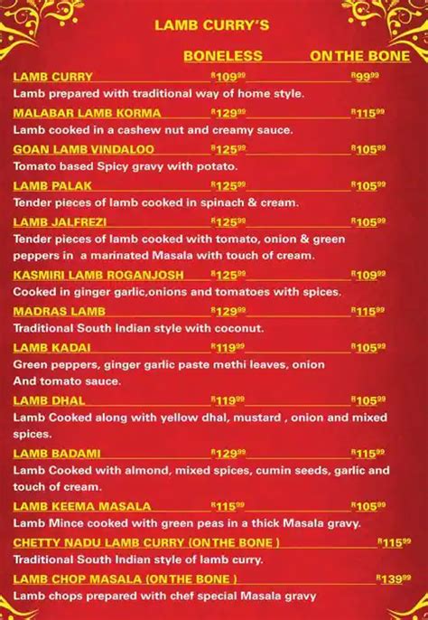 Menu at Masala Indian Restaurant, South Africa