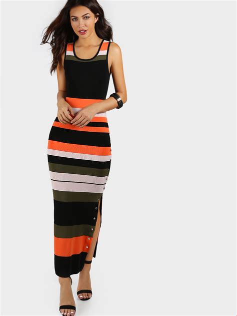 Snap Button Bodycon Maxi Dress Multi Shein Sheinside